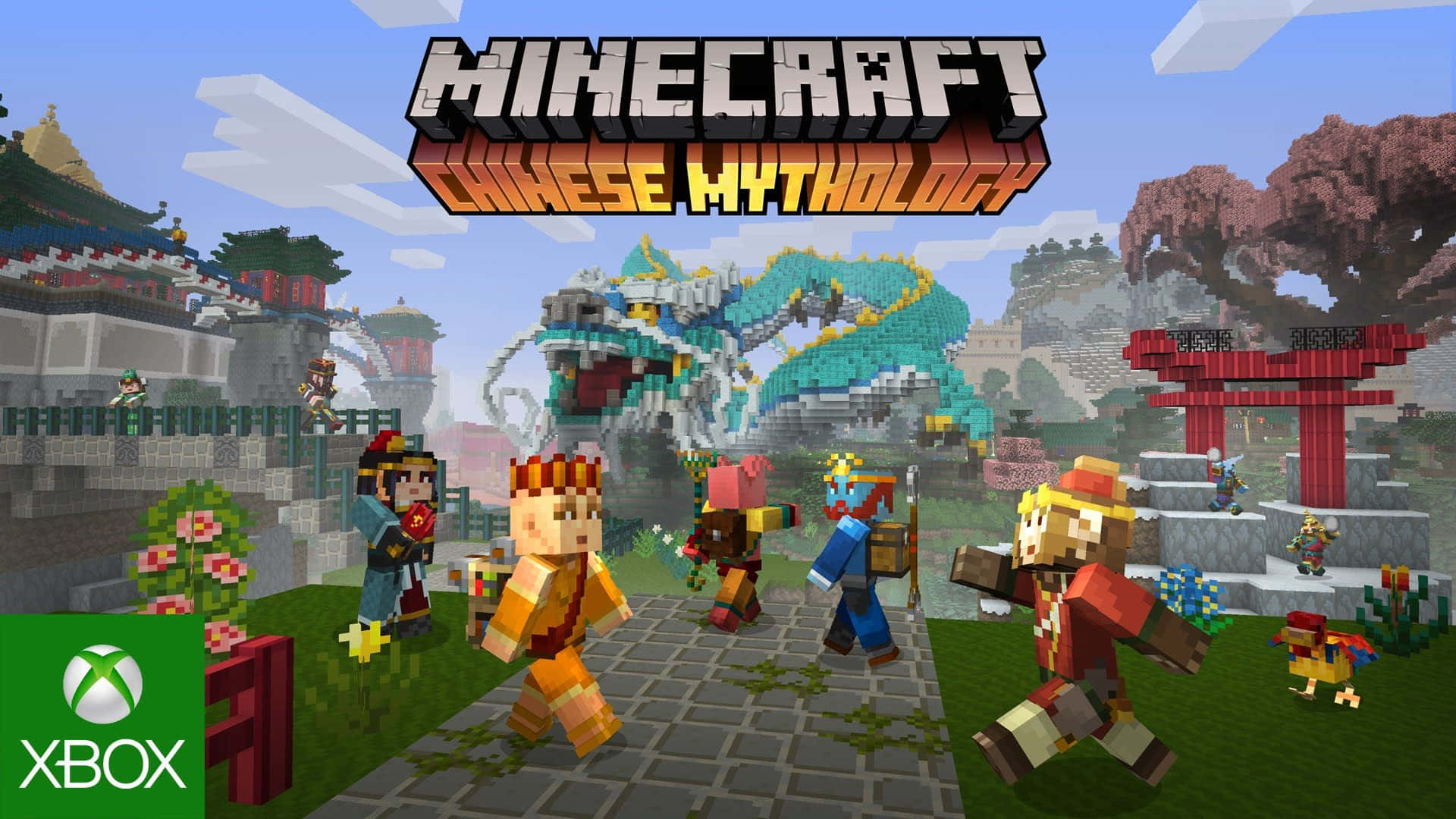 最佳 Minecraft 桌布 壁紙 — 像素化的Minecraft角色在晴朗藍天下探索一個充滿龍、寶塔和紅色鳥居的充滿活力的中國神話世界。