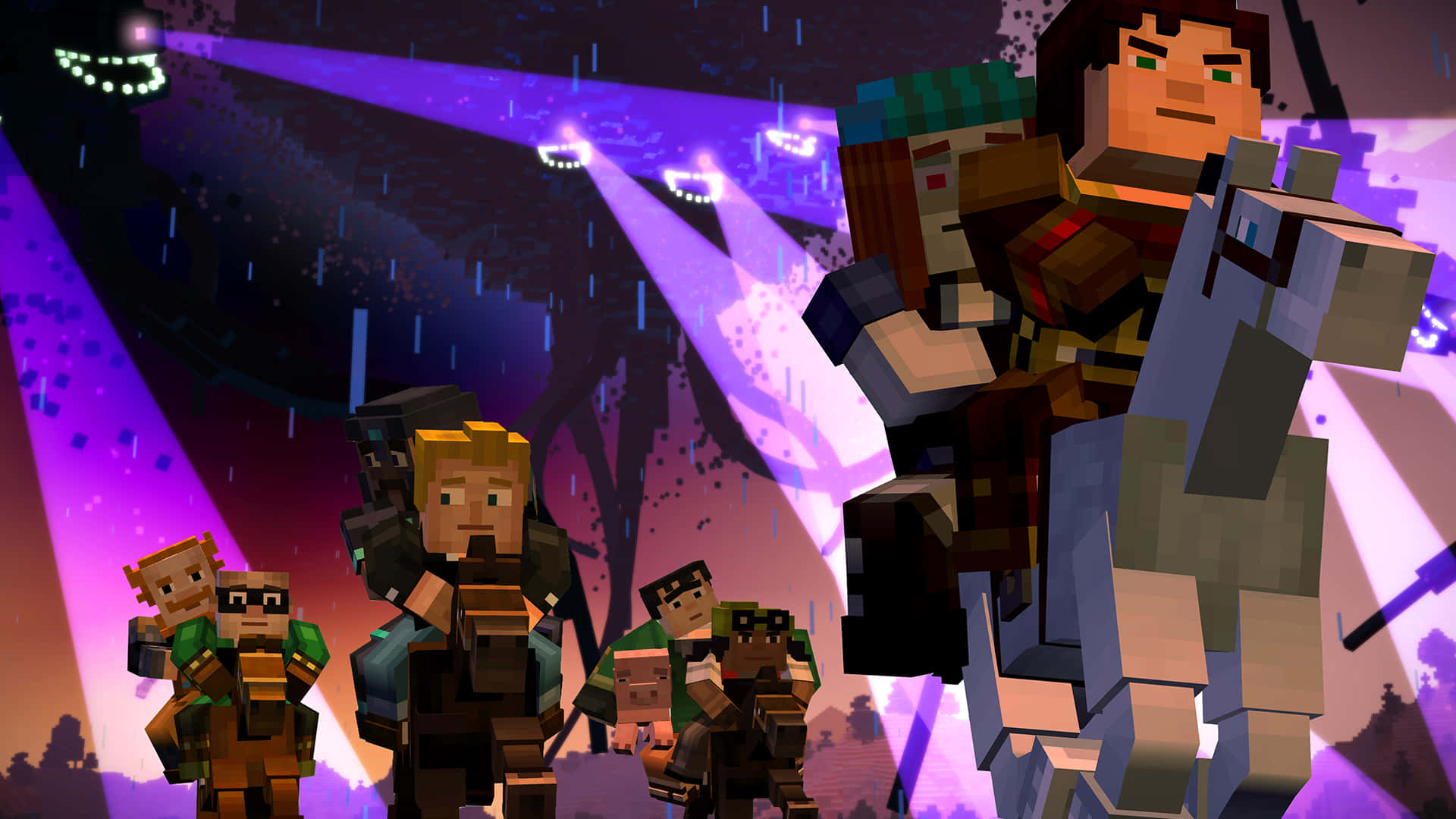 Minecraft Story Mode 桌布 壁紙 — 像素化的Minecraft角色在雨夜音樂會場景中站在充滿活力的紫色舞台燈光下。