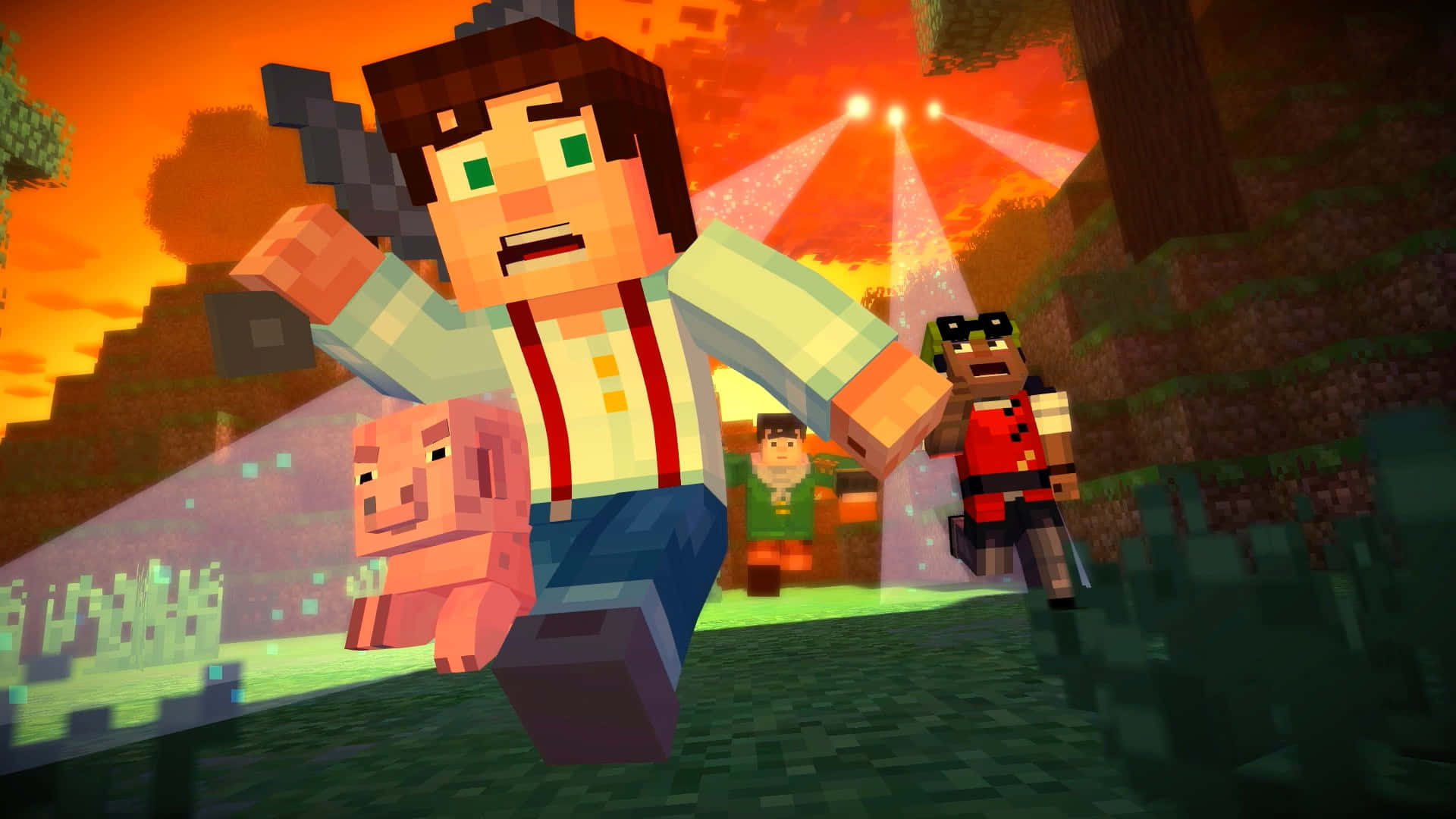 Minecraft Story Mode 桌布 壁紙 — 像素化的Minecraft角色在日落時分穿過森林，戲劇性的光束照亮了場景。