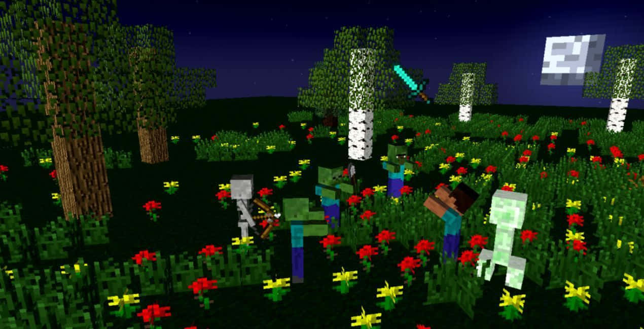 Minecraft Art 桌布 壁紙 — 像素化的Minecraft角色在星空下，於紅黃花朵盛開的田野中與喪屍和骷髏戰鬥。