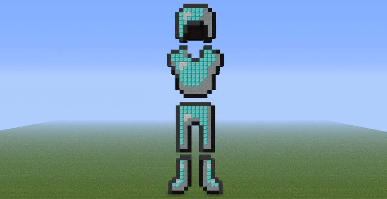 Minecraft Armor 桌布 壁紙 — 像素化的Minecraft角色穿著青綠色盔甲，站在晴朗藍天下的草地上。