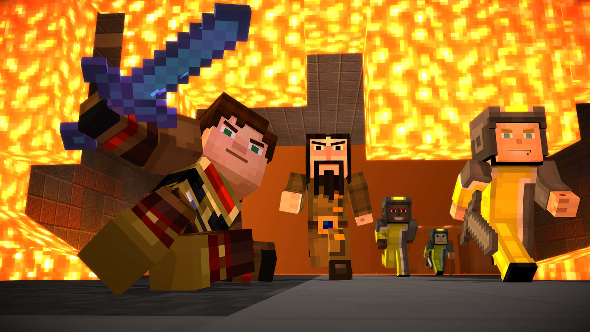 Minecraft Story Mode 桌布 壁紙 — 像素化的Minecraft角色站在熾熱的地牢場景中，背景是發光的熔岩。