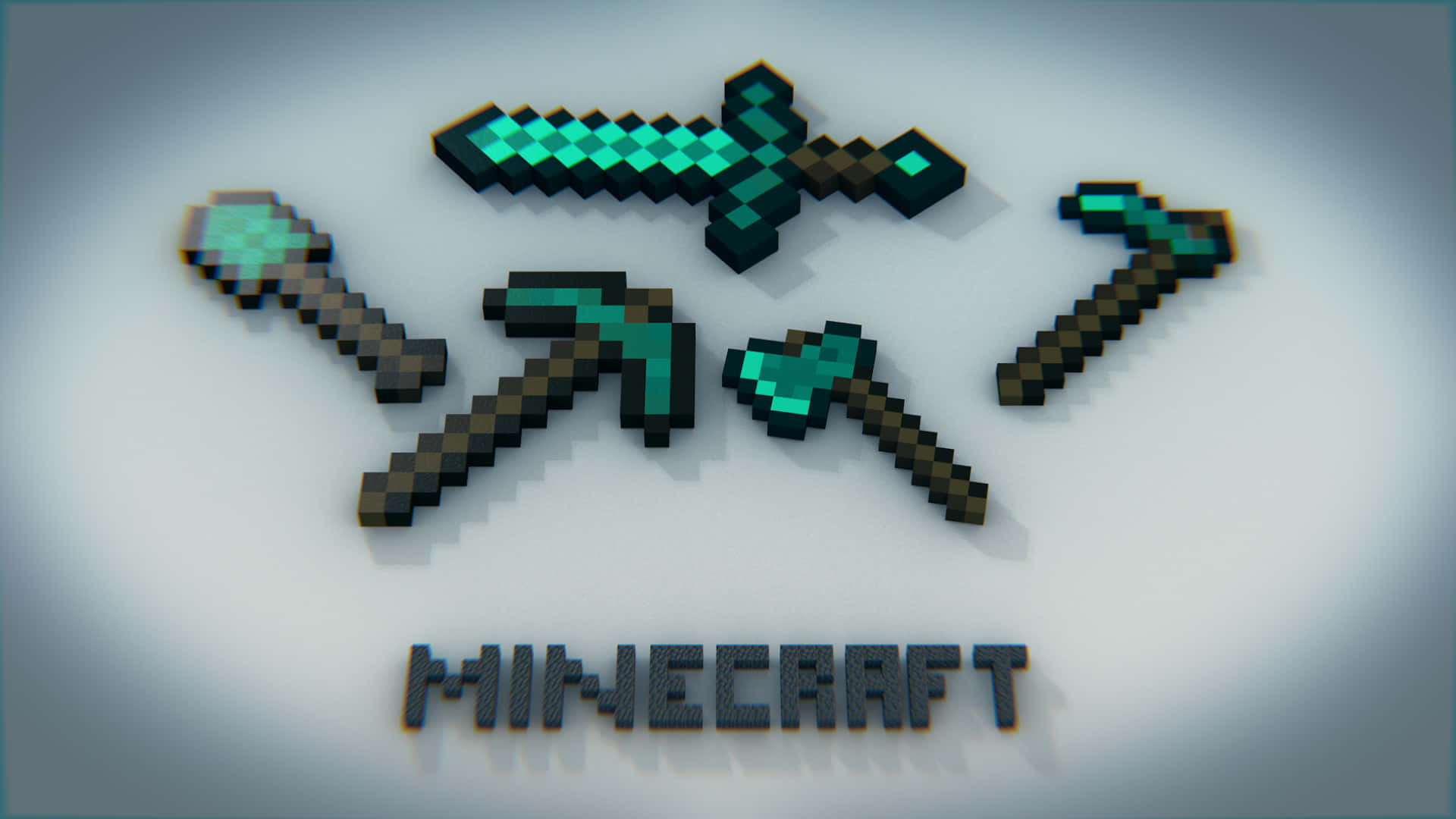 Minecraft Weapons 桌布 壁紙 — 像素化的Minecraft鑽石工具，包括劍、鎬和斧頭，排列在柔和的漸變背景上，下方有遊戲標誌。