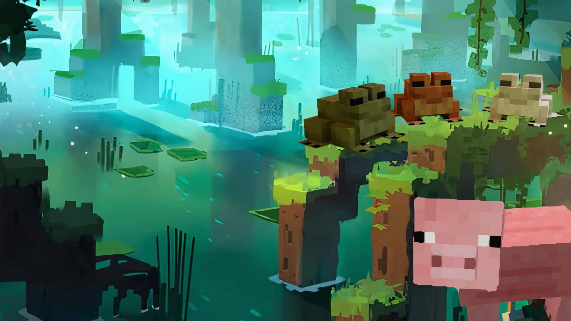 Minecraft Pets 桌布 壁紙 — 像素化的Minecraft青蛙和豬棲息在長滿苔蘚的方塊上，處於柔和環境光下的發光藍綠色沼澤中。