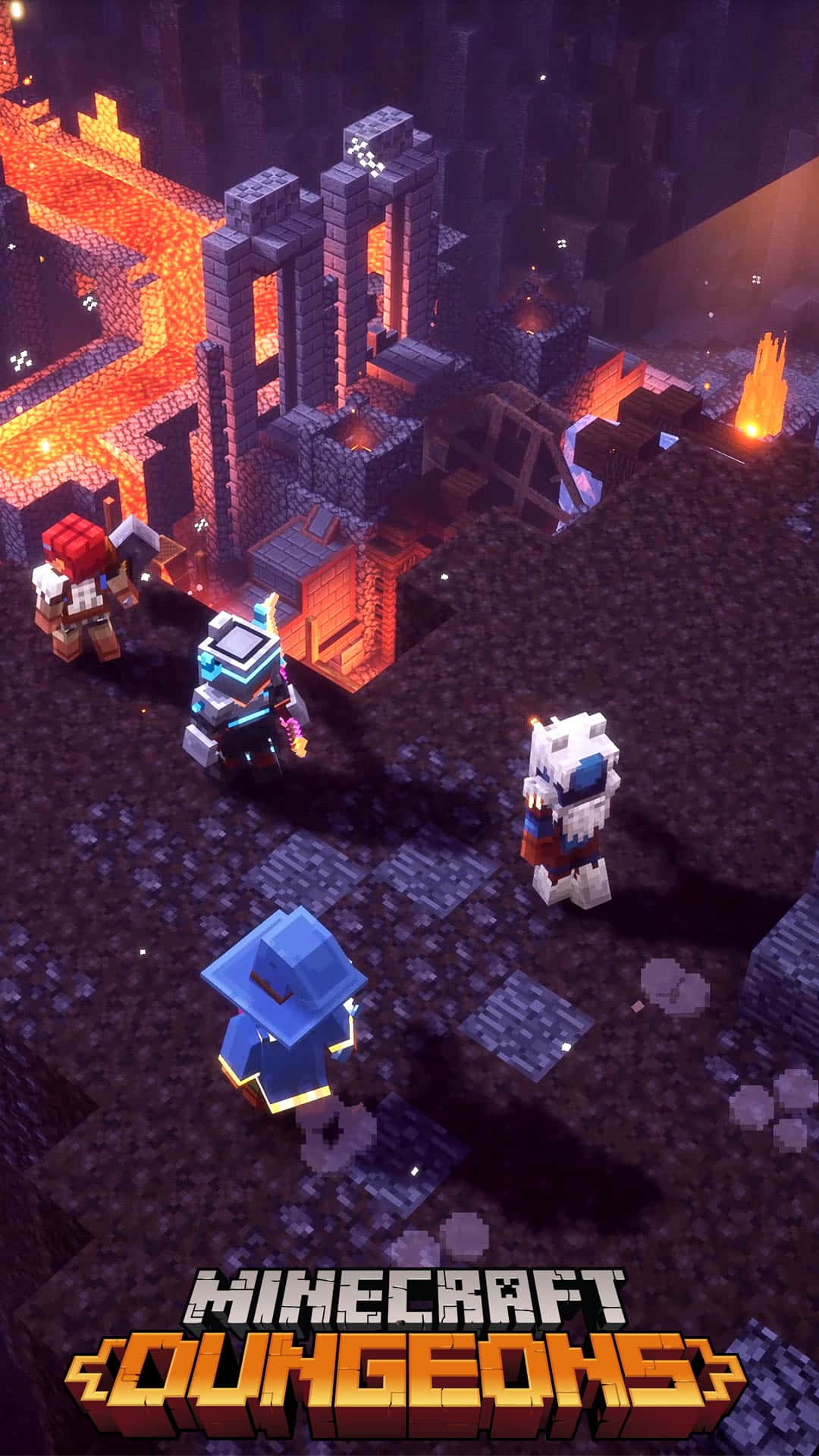Minecraft Phone 桌布 壁紙 — 像素化的冒險者在 Minecraft Dungeons 中探索一個有熔岩流和石結構的熾熱地牢。