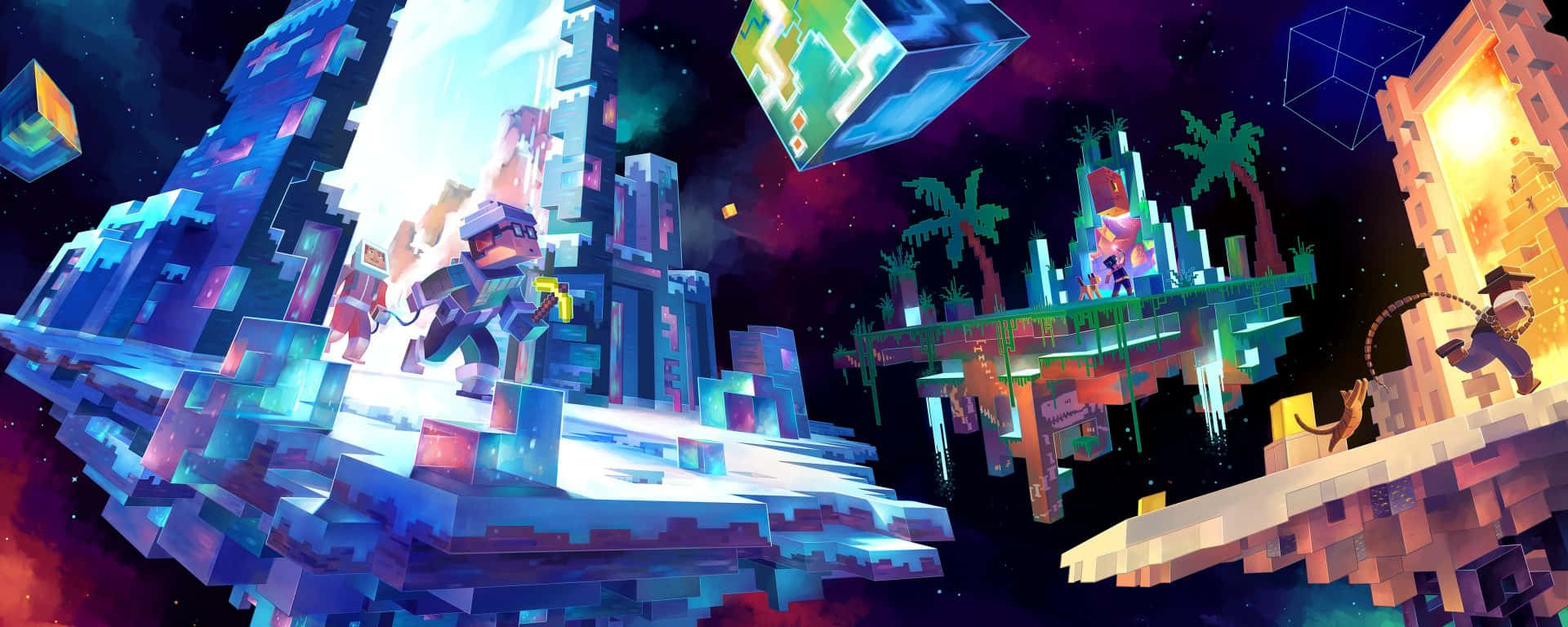 Minecraft Fan Art 桌布 壁紙 — 像素化的冒險者在星空下探索充滿活力的宇宙景觀中的浮島。