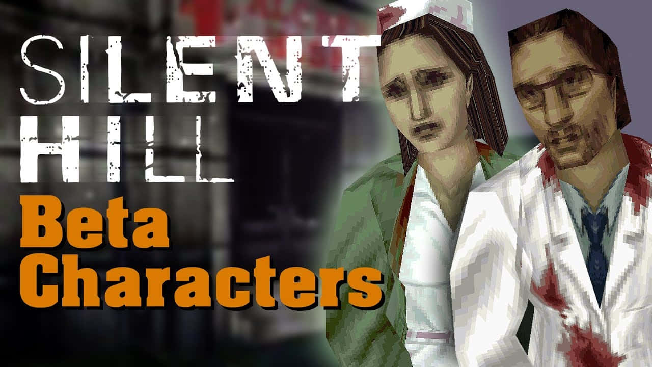 Silent Hill Characters 桌布 壁紙 — 像素化的寂靜嶺測試版角色穿著血跡斑斑的實驗室外套，站在黑暗的城市背景前，帶有遊戲標題文字。