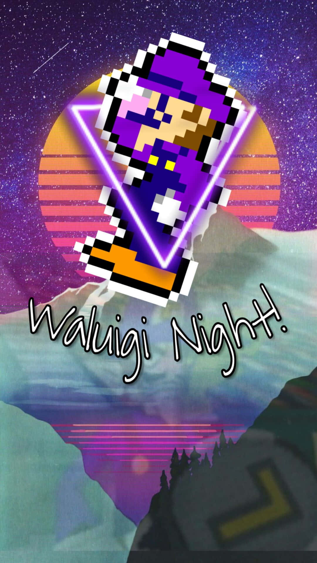Waluigi 桌布 壁紙 — 像素化的瓦路易吉在星空紫天下，對著積雪山脈上的復古夕陽發出霓虹光芒。