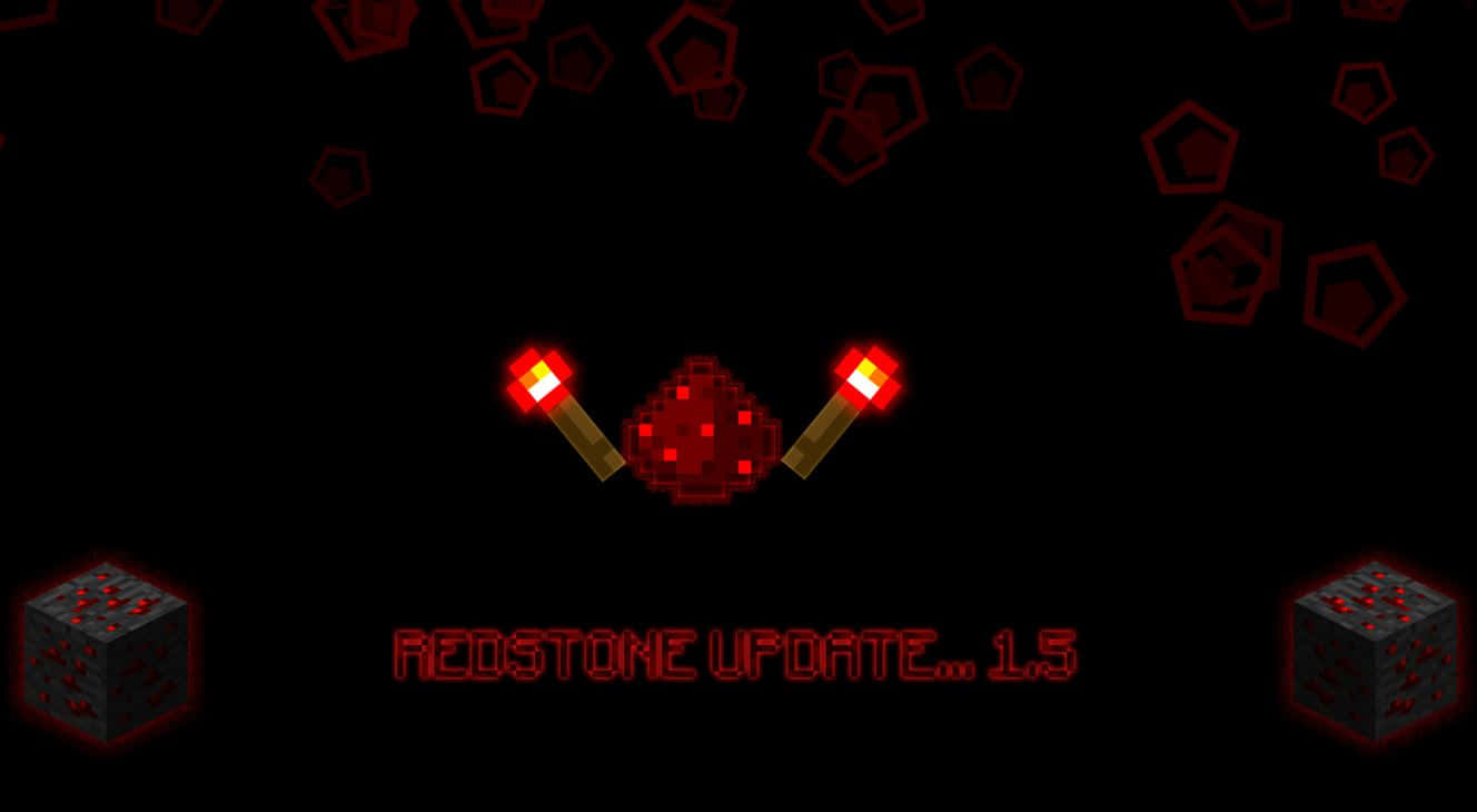 Minecraft Redstone 桌布 壁紙 — 像素化的紅石火炬和方塊在黑色背景上發光，並帶有浮動的六邊形和顯示 redstone update 1.5 的文字。