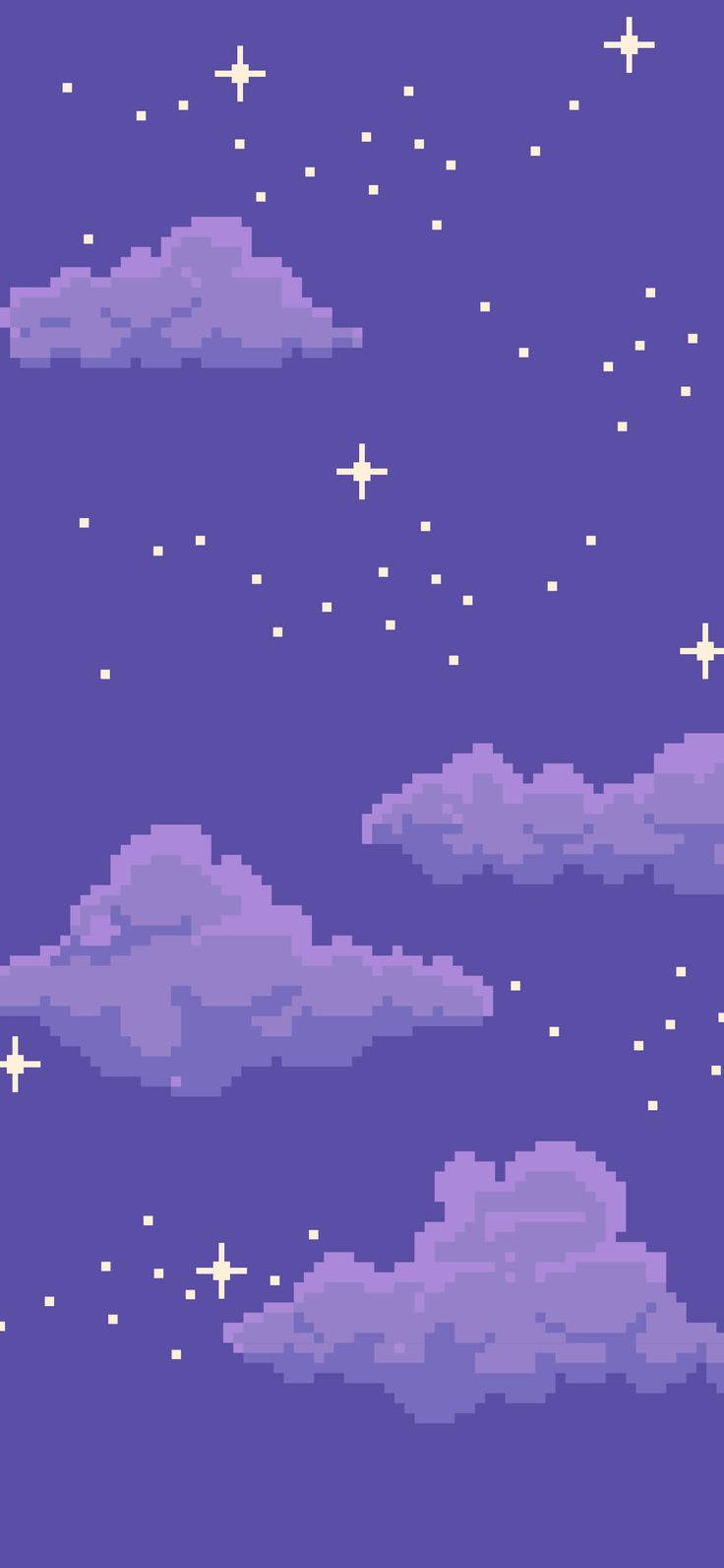 iPad pro cute 桌布 壁紙 — 像素化的紫色雲朵在繁星點點的夜空下飄動，伴隨著發光的白色星星。