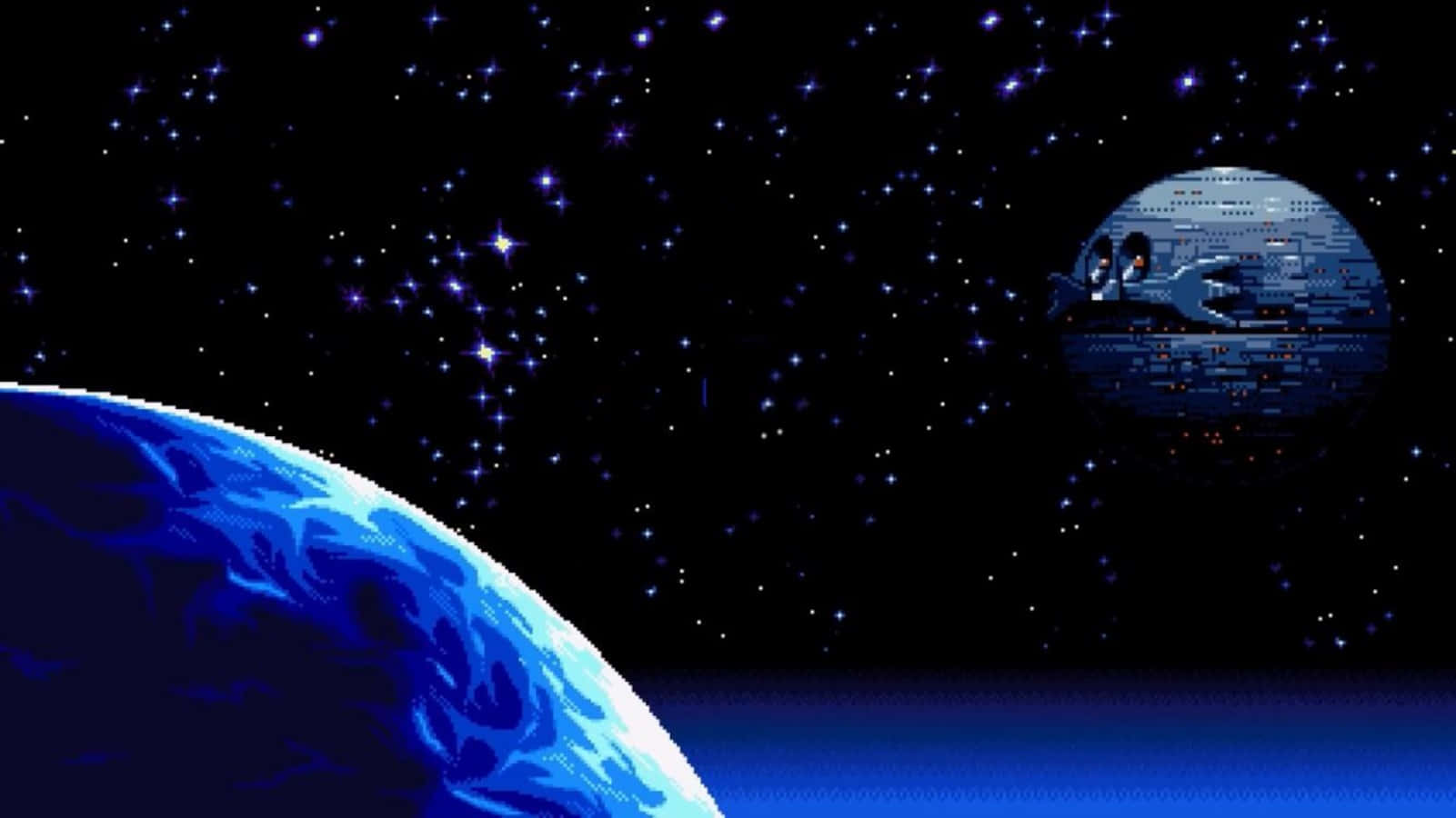 Death Egg 桌布 壁紙 — 像素化的藍色行星和死星在星光閃爍的太空漂浮，伴隨著發光的星星和深邃的宇宙藍色。