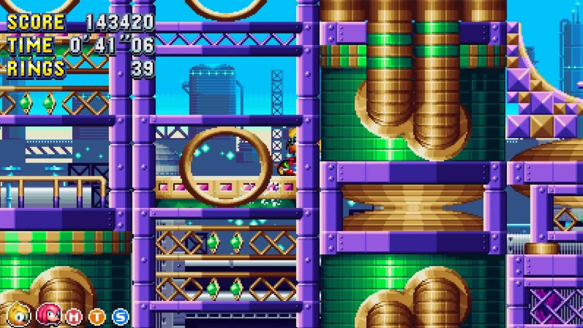 Sonic Oil Ocean Zone 桌布 壁紙 — 像素化的超音鼠在充滿紫色和金色的工業關卡中疾馳，帶有金環和分數顯示。