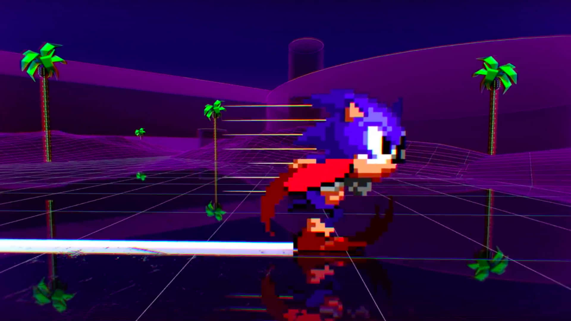 Classic Sonic 桌布 壁紙 — 像素化的超音鼠在黑暗天空下的霓虹紫色網格景觀中與棕櫚樹一起疾馳。