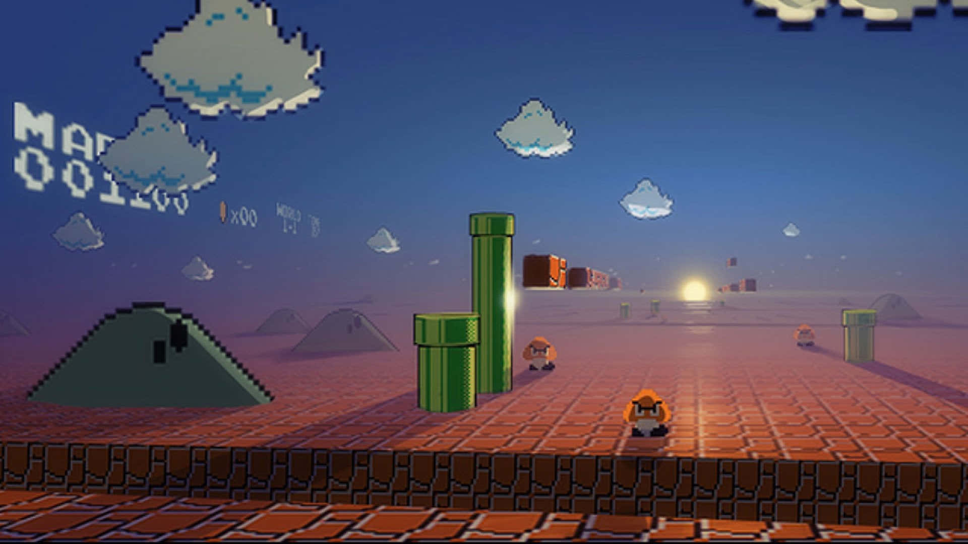 Mushroom Kingdom 桌布 壁紙 — 像素化的馬里奧站在磚塊平台上，身處沙漠景觀，有綠色管道和浮雲，背景是暮色天空。