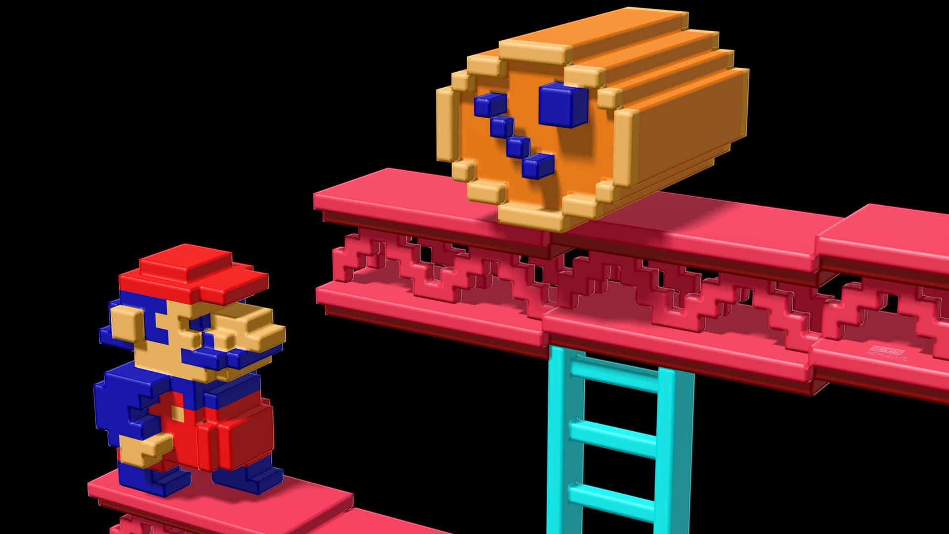 Pixel Game 桌布 壁紙 — 像素化的馬里奧站在紅色平台上，面對著像素化橋上的庫巴，橋上有青綠色梯子，背景為黑色。