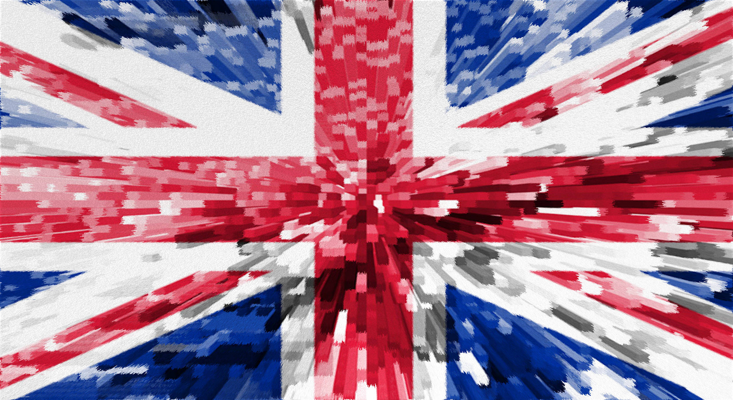 像素化英國國旗 壁紙 — 一幅動態的數位藝術爆炸，英國國旗向外輻射，帶有紅色、白色和藍色的像素化條紋。