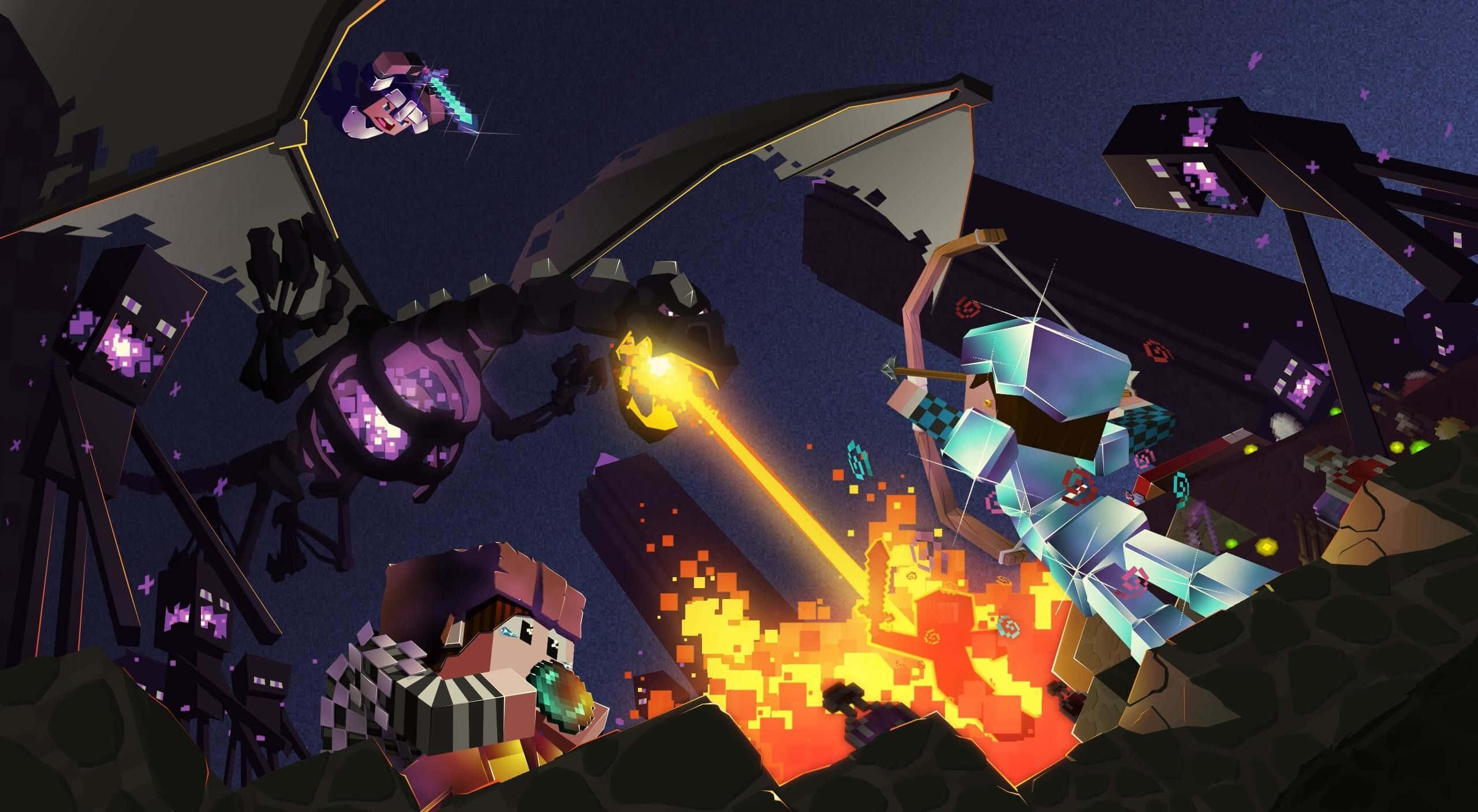 Minecraft Fan Art 桌布 壁紙 — 像素化角色在星空下與巨型機械怪物戰鬥，伴隨著發光的爆炸。
