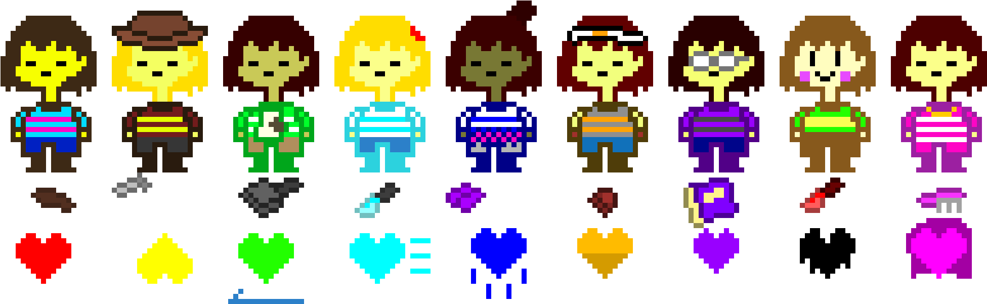 像素化角色與靈魂 壁紙 — 來自 Undertale 的像素藝術角色排成一排，下方有心形和符號，背景為黑色。