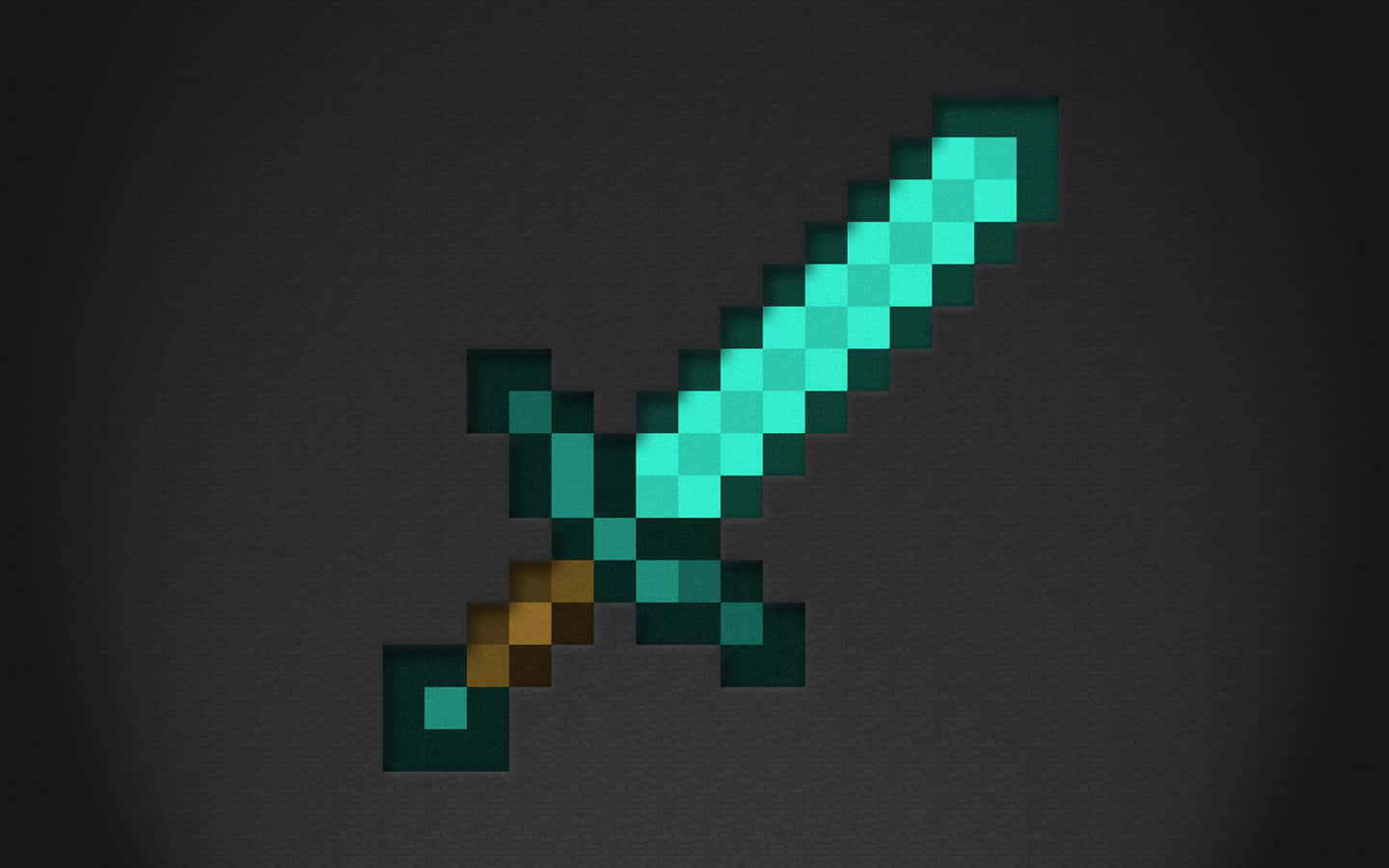 Minecraft Weapons 桌布 壁紙 — 像素化鑽石劍在深灰色背景上發出青色光芒。