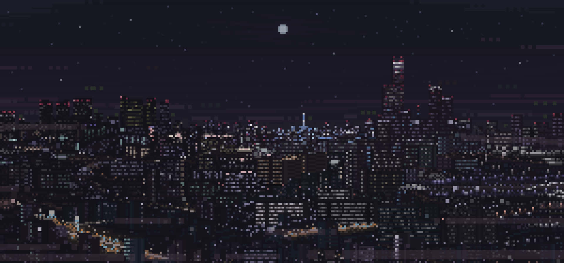 像素藝術城市夜景，帶有發光的窗戶和滿月。