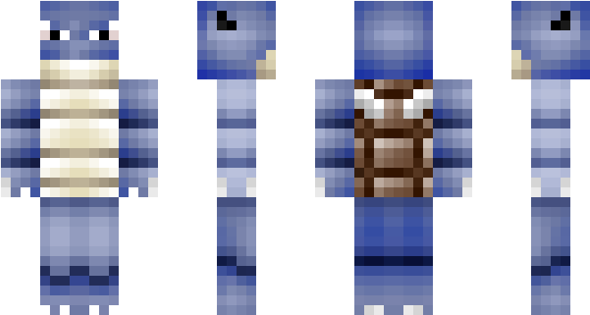 像素巨沼怪我的世界皮膚 壁紙 — 像素化Minecraft皮膚，藍色烏龜，有條紋殼和棕色盔甲，從四個角度顯示在黑色背景上。