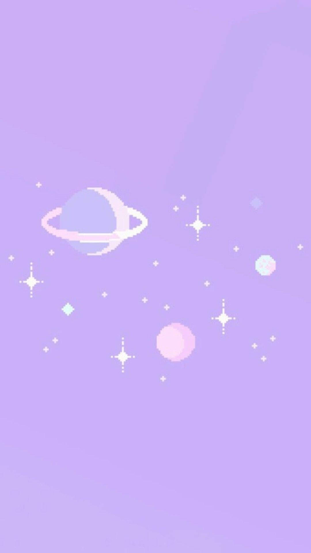 像素藝術：一個帶有光環的紫色行星，被星星和球體環繞在薰衣草色的天空中。