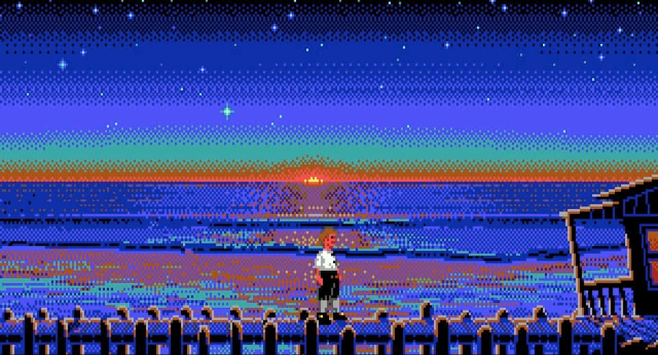 碼頭上的像素化人物在星空下觀看海洋上的日落