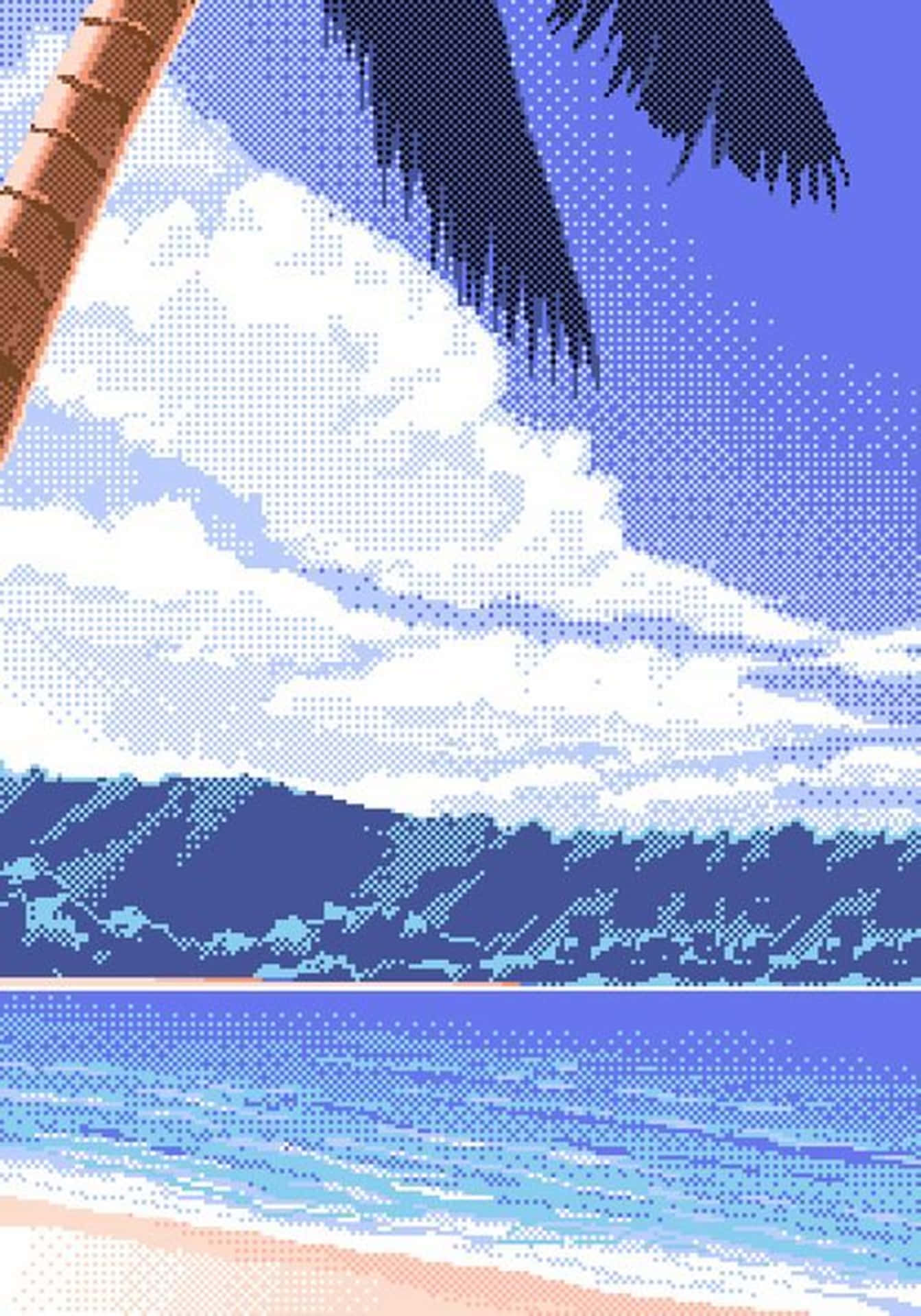 像素藝術海灘，棕櫚樹和海洋波浪在藍天下。