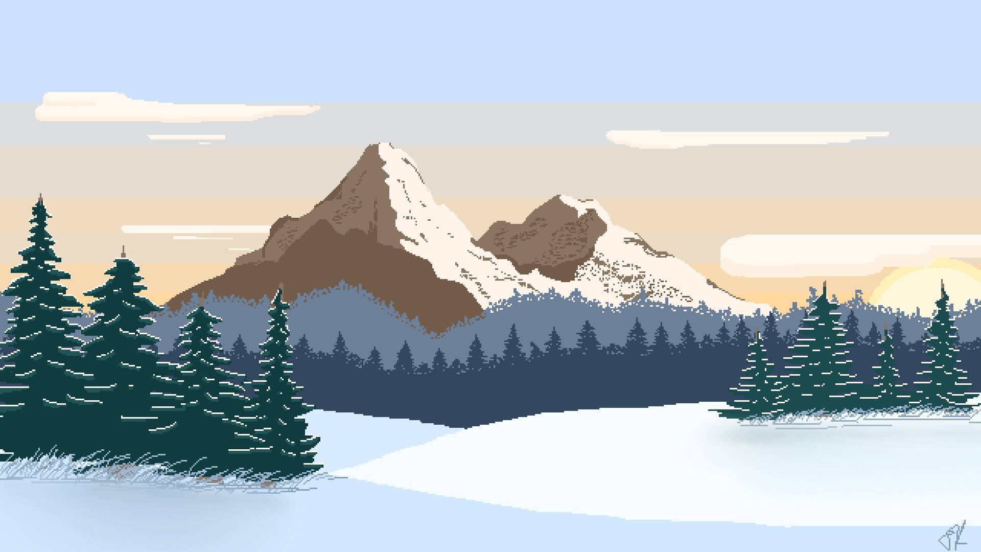 像素自然山景圖形藝術 壁紙 — 在柔和的日落天空下，白雪覆蓋的山峰在常綠樹林後方升起。