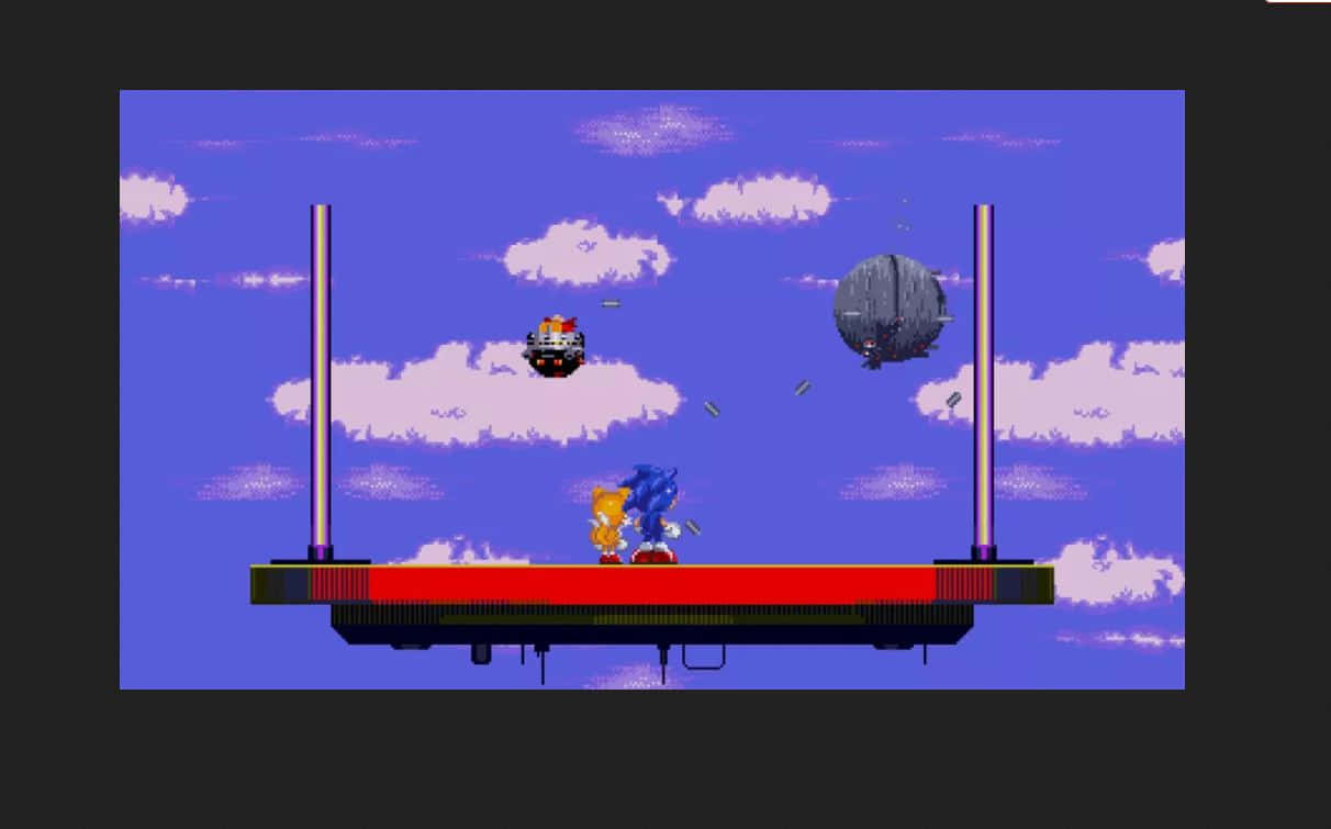 Sonic Launch Base Zone 桌布 壁紙 — 像素藝術 Sonic 和 Tails 站在紅色平台上，下方是紫色天空，有雲朵和漂浮的太空船。