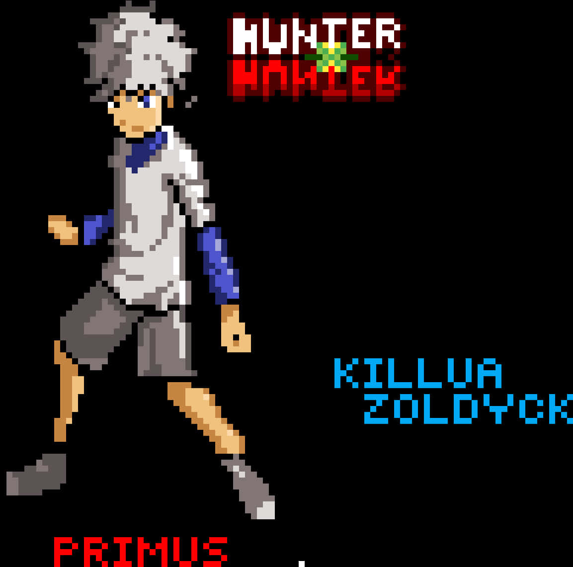 像素藝術 基裘·佐洛迪克 壁紙 — 來自《Hunter x Hunter》的像素藝術角色奇犽·揍敵客在黑色背景前以奔跑姿勢呈現，並附有遊戲標題文字。