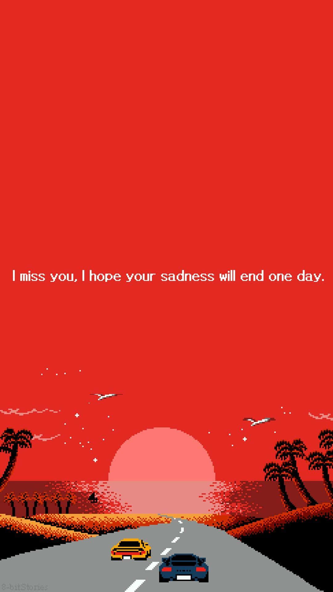 Lo Fi Aesthetic 桌布 壁紙 — 像素藝術公路旅行場景，兩輛車在棕櫚樹下駛向紅色夕陽，帶有憂鬱的文字疊加。