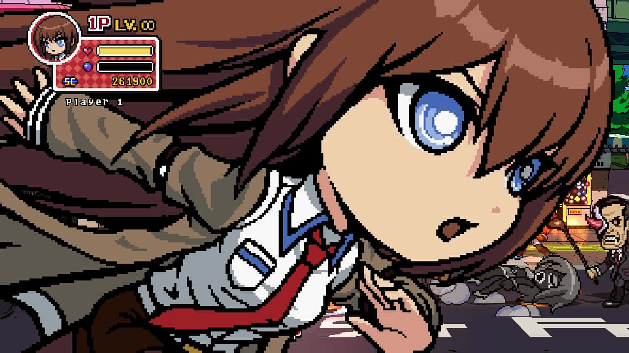 kurisu makise 桌布 壁紙 — 像素藝術動畫風格女學生穿著校服，在帶有UI元素和驚訝表情的遊戲場景中向前衝刺。