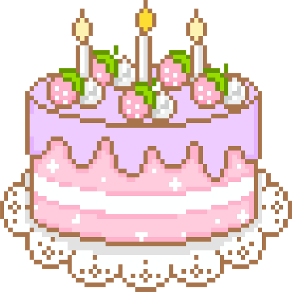 像素藝術可愛生日蛋糕 壁紙 — 一個像素藝術生日蛋糕，上面有粉紅色糖霜蠟燭和草莓，放在蕾絲墊上。