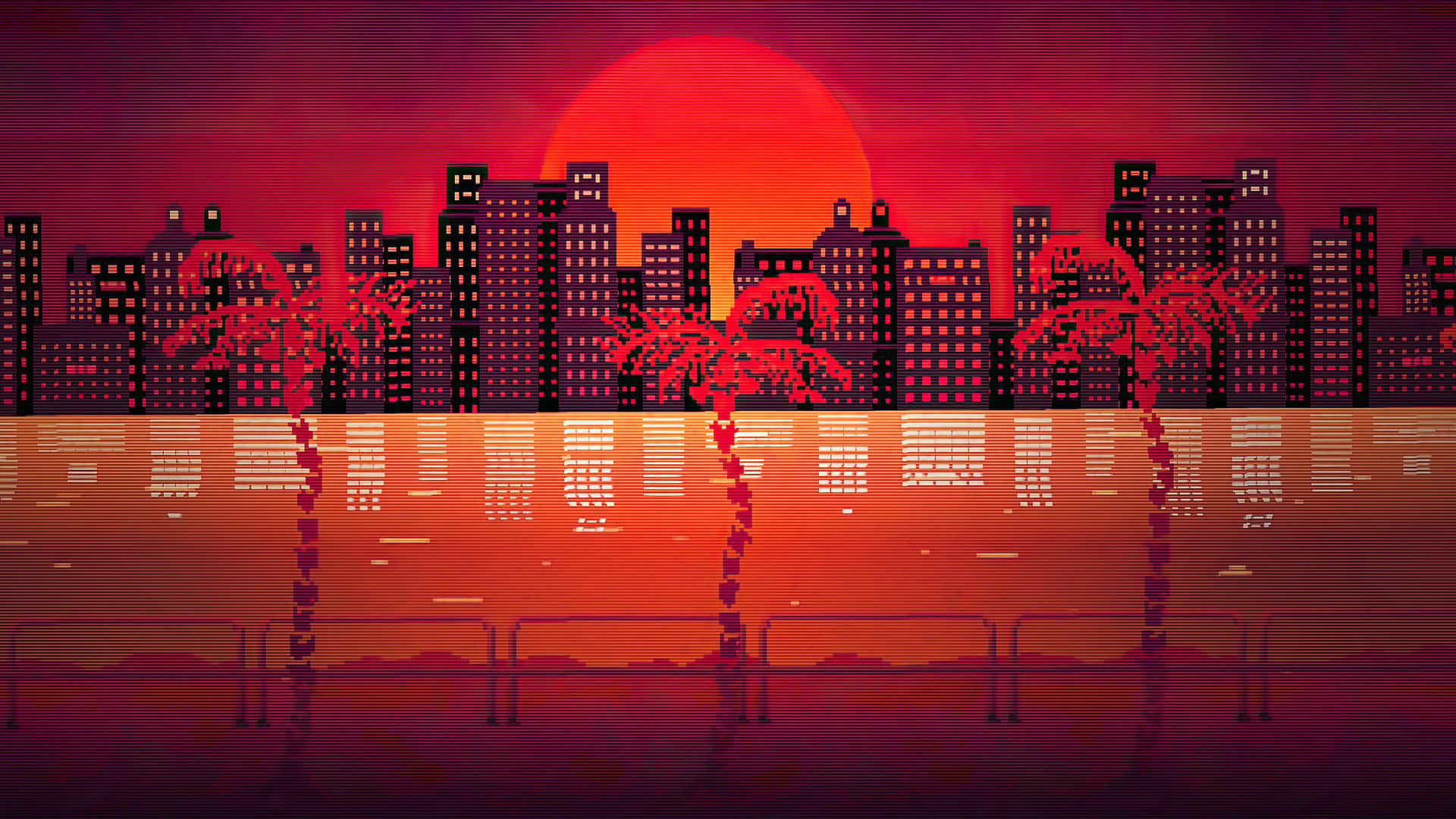 日落時分，棕櫚樹倒映在水中的像素化城市景觀。 — 邁阿密海豚 GIF 壁紙
