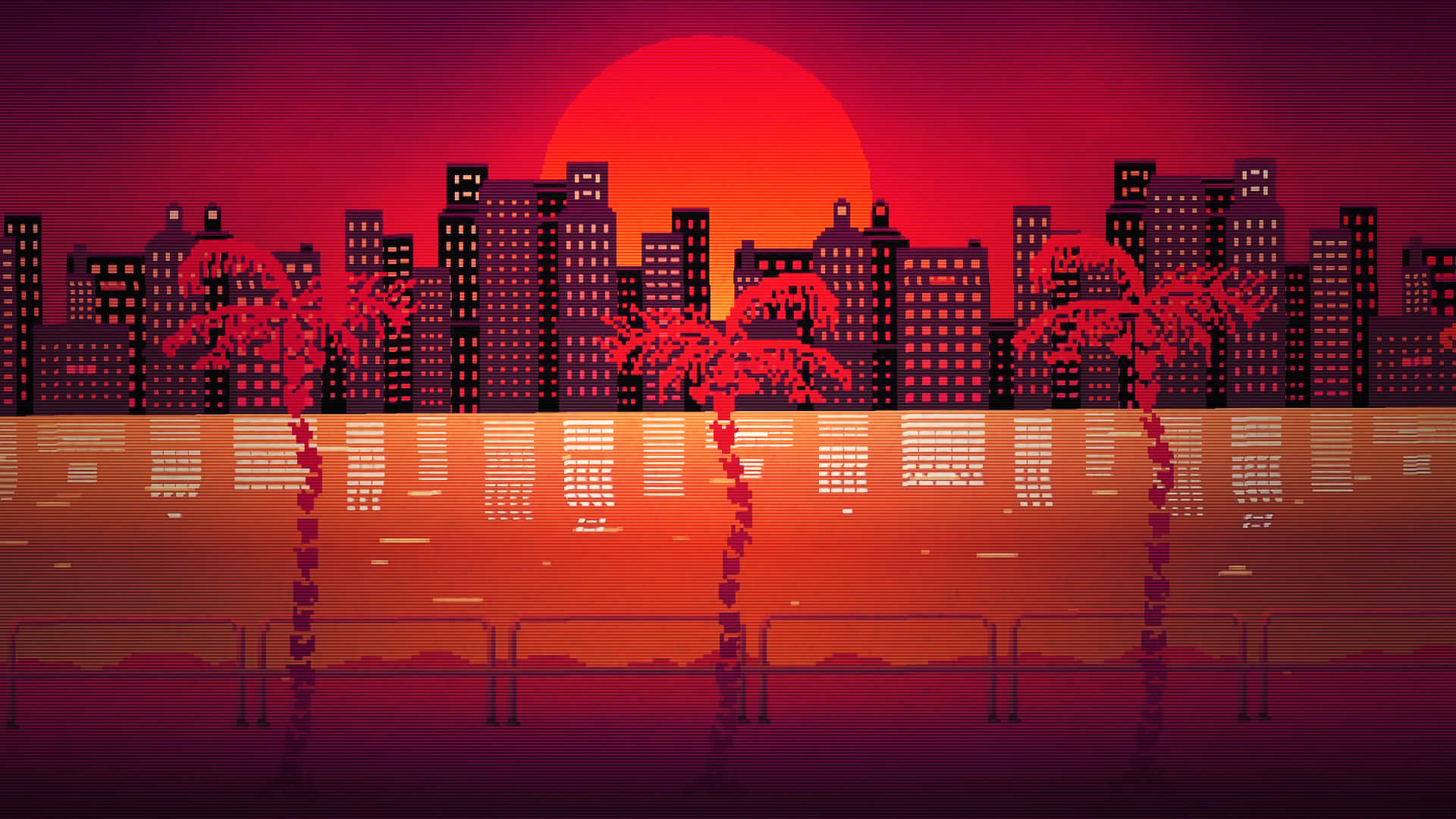邁阿密 桌布 壁紙 — 像素藝術城市天際線，日落時分，棕櫚樹和發光的建築物呈現火紅和橙色。