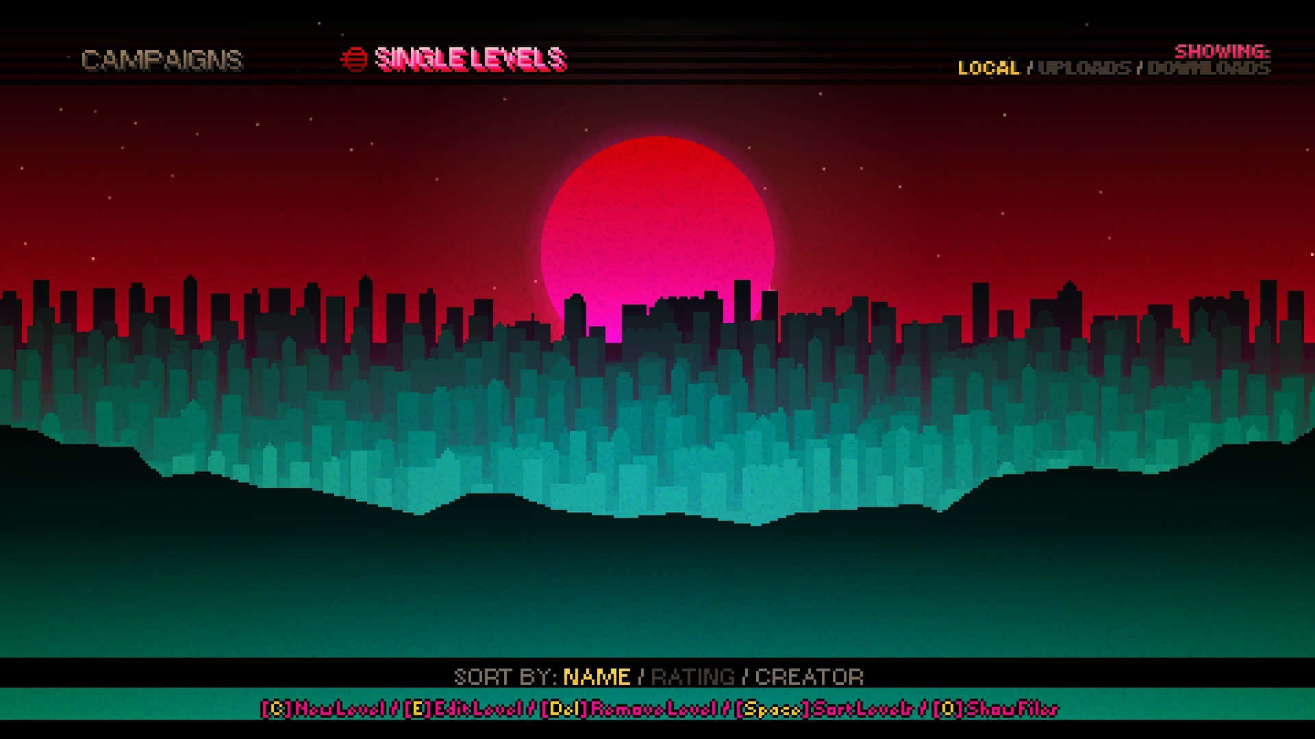 Hotline Miami 桌布 壁紙 — 像素藝術城市天際線在日落時分，帶有發光的粉紅色太陽和下方的青綠色漸變。
