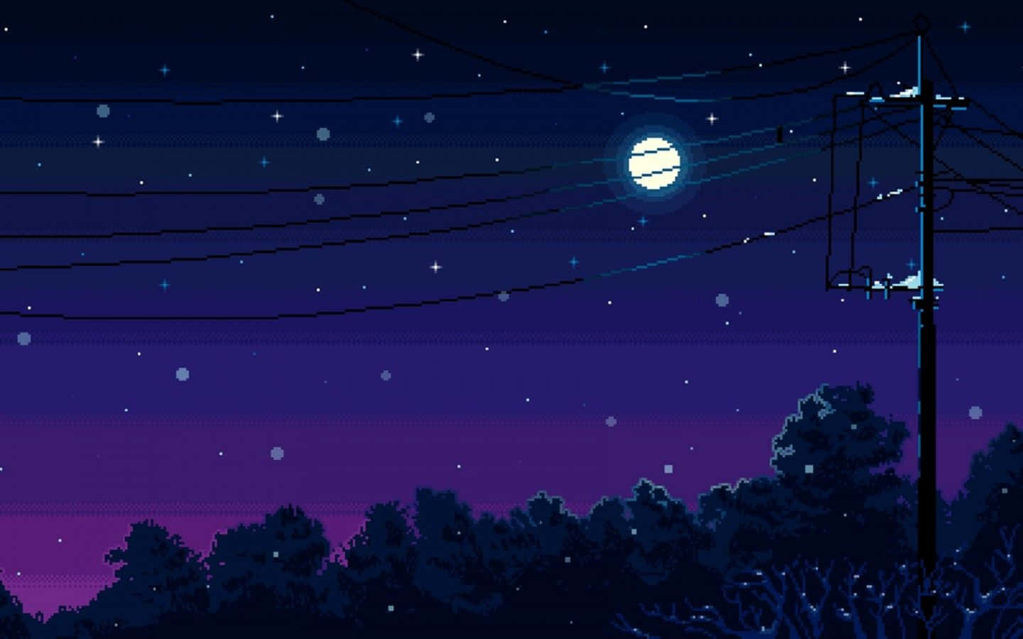 Aesthetic YouTube 桌布 壁紙 — 像素藝術夜景，滿月在電線後發光，在繁星點點的紫色天空下，黑暗的樹線之上。
