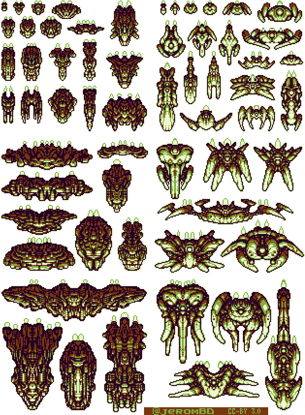像素藝術太空船系列 壁紙 — 一個像素藝術外星生物網格，帶有發光綠色點綴和深棕色身體，背景為黑色。