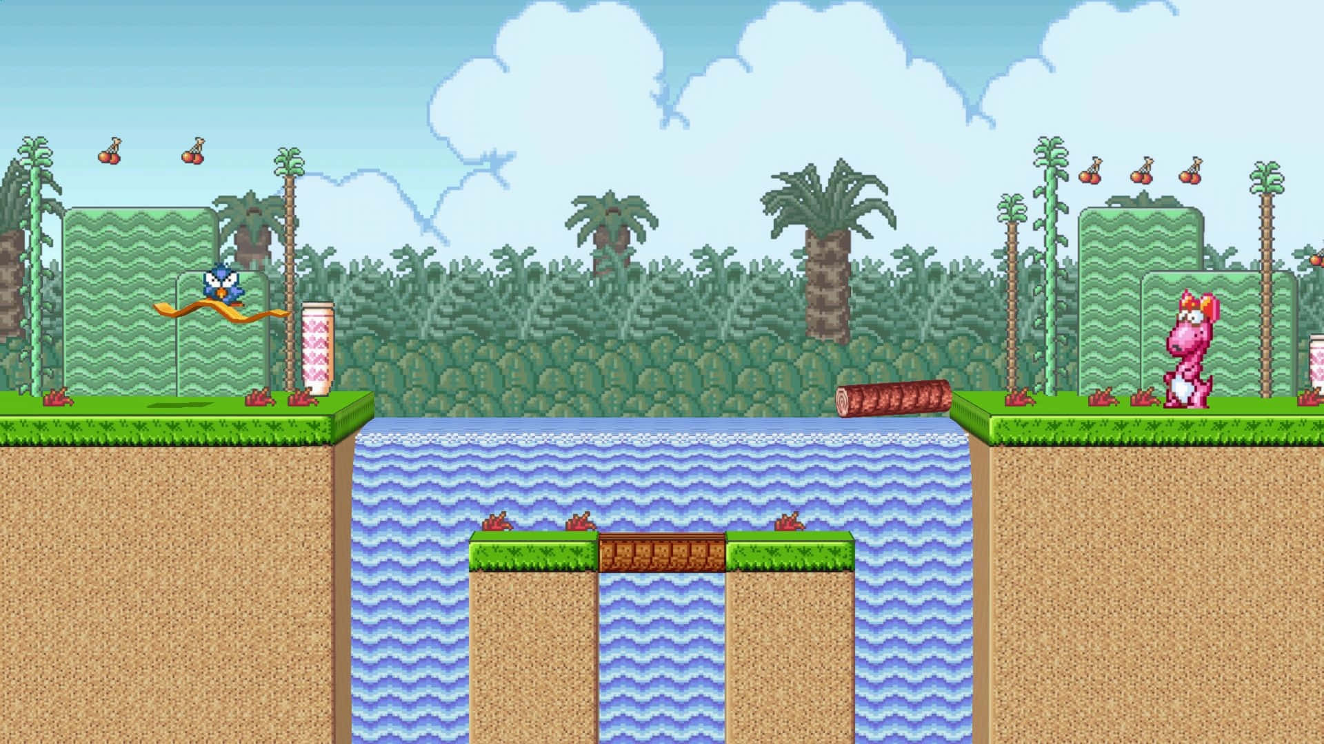 Mushroom Kingdom 桌布 壁紙 — 像素藝術平台遊戲場景，藍色角色跳過水面，朝叢林中的粉紅色恐龍前進。