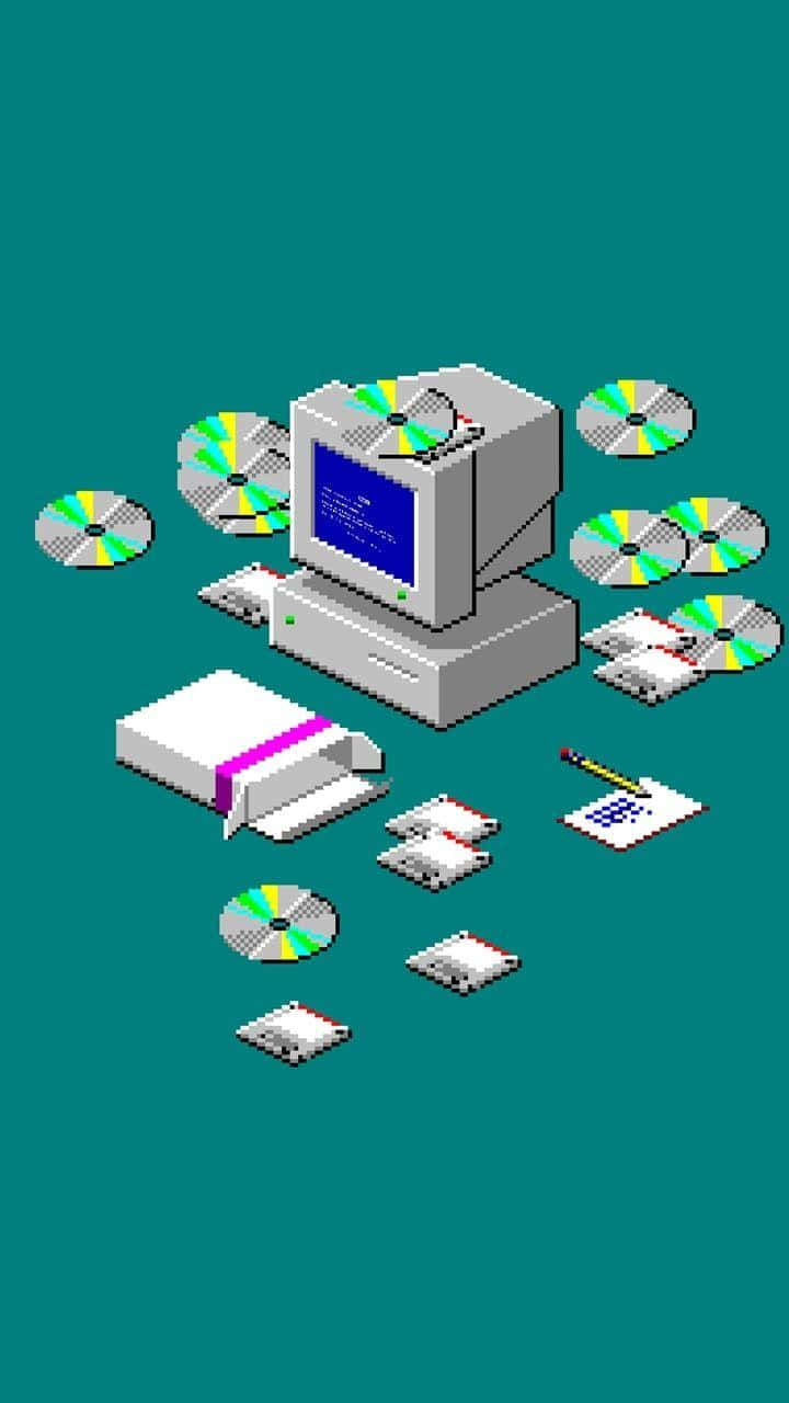 2000s 桌布 壁紙 — 像素藝術復古電腦，CD、軟碟和紙張散落在青綠色背景上。