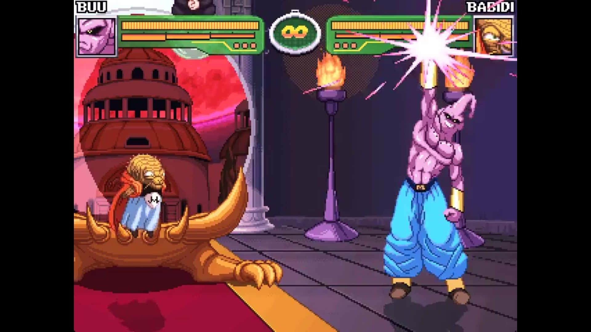 Dbz Video Games 桌布 壁紙 — 像素藝術戰士 BUU 和 BABIDI 在一個熾熱的競技場中交鋒，背景有發光的紅月和華麗的建築。
