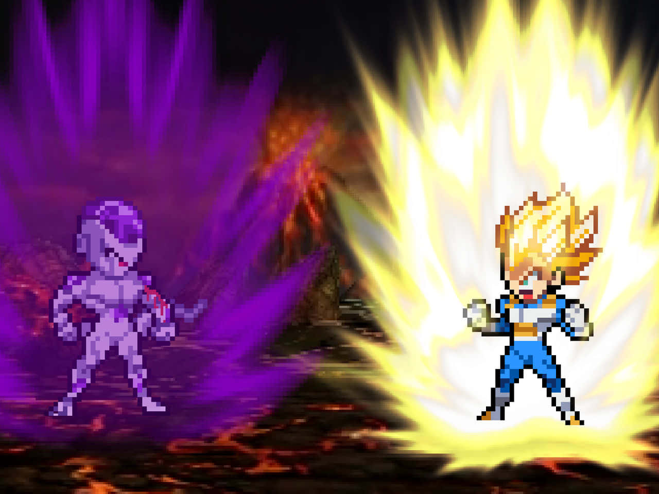Vegeta And Frieza 桌布 壁紙 — 像素藝術戰士在充滿岩漿的背景中，以紫色和黃色的能量爆發進行激烈的像素戰鬥。
