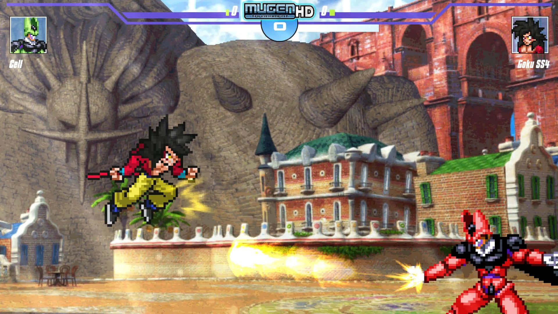 Fighting Games 桌布 壁紙 — 像素藝術戰士悟空SS4和斯路在歐洲風格的小鎮中戰鬥，背景有石頭建築和一個巨大的石頭面孔。