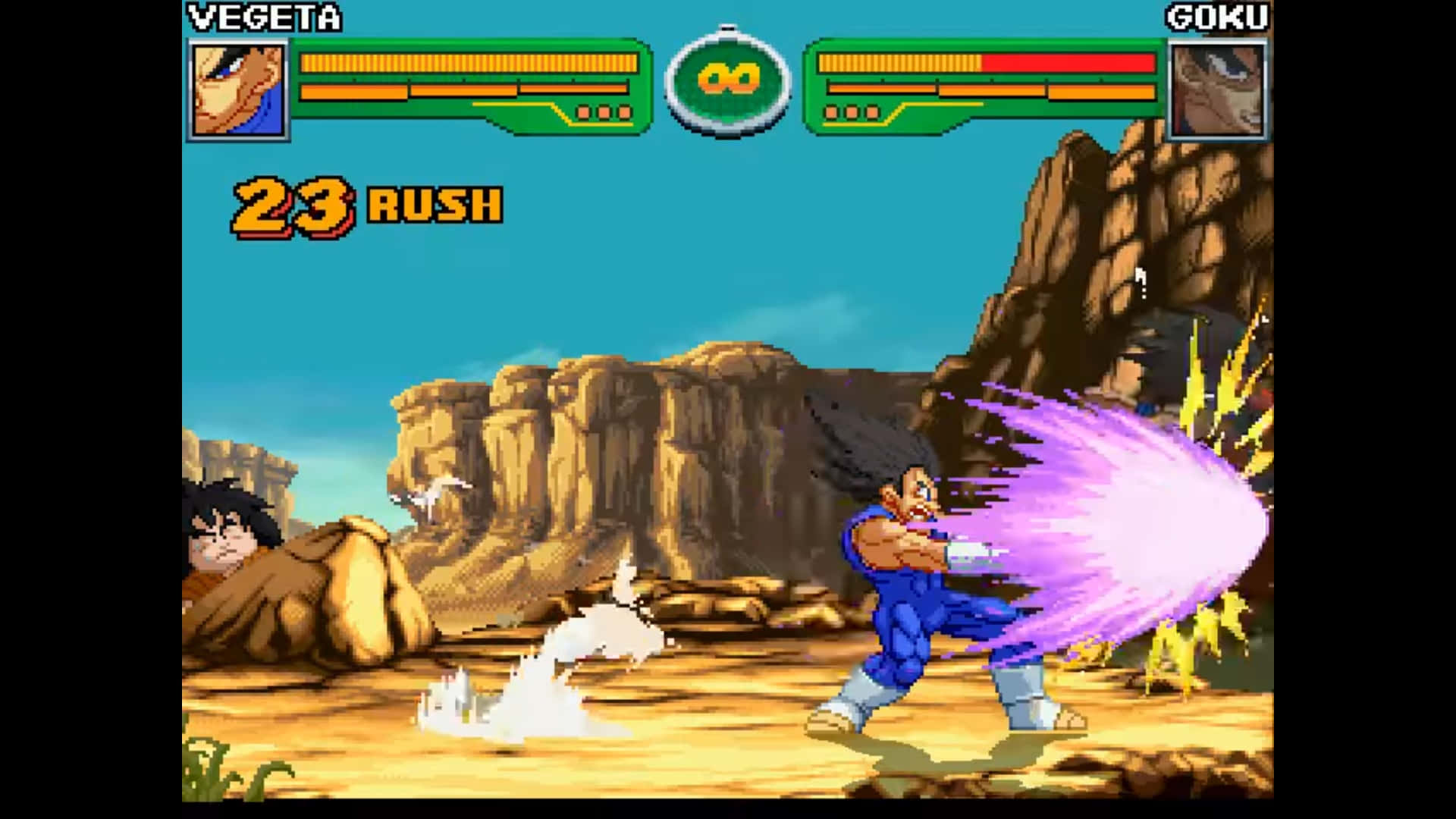Dragon Ball Z Games 桌布 壁紙 — 像素藝術戰士悟空和比達在岩石沙漠競技場中碰撞，頭上有能量爆炸和生命值條。