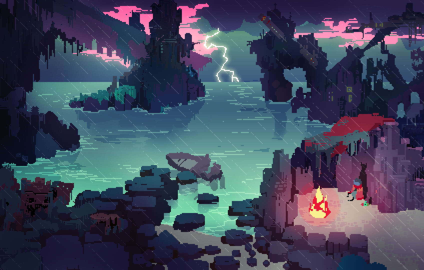 Pixel Game 桌布 壁紙 — 像素藝術描繪一個孤獨的人物，在雨中的懸崖邊，帶著紅色雨傘和營火，俯瞰著發光的青綠色海洋，天空是暴風雨的粉紅色和紫色，伴有閃電。