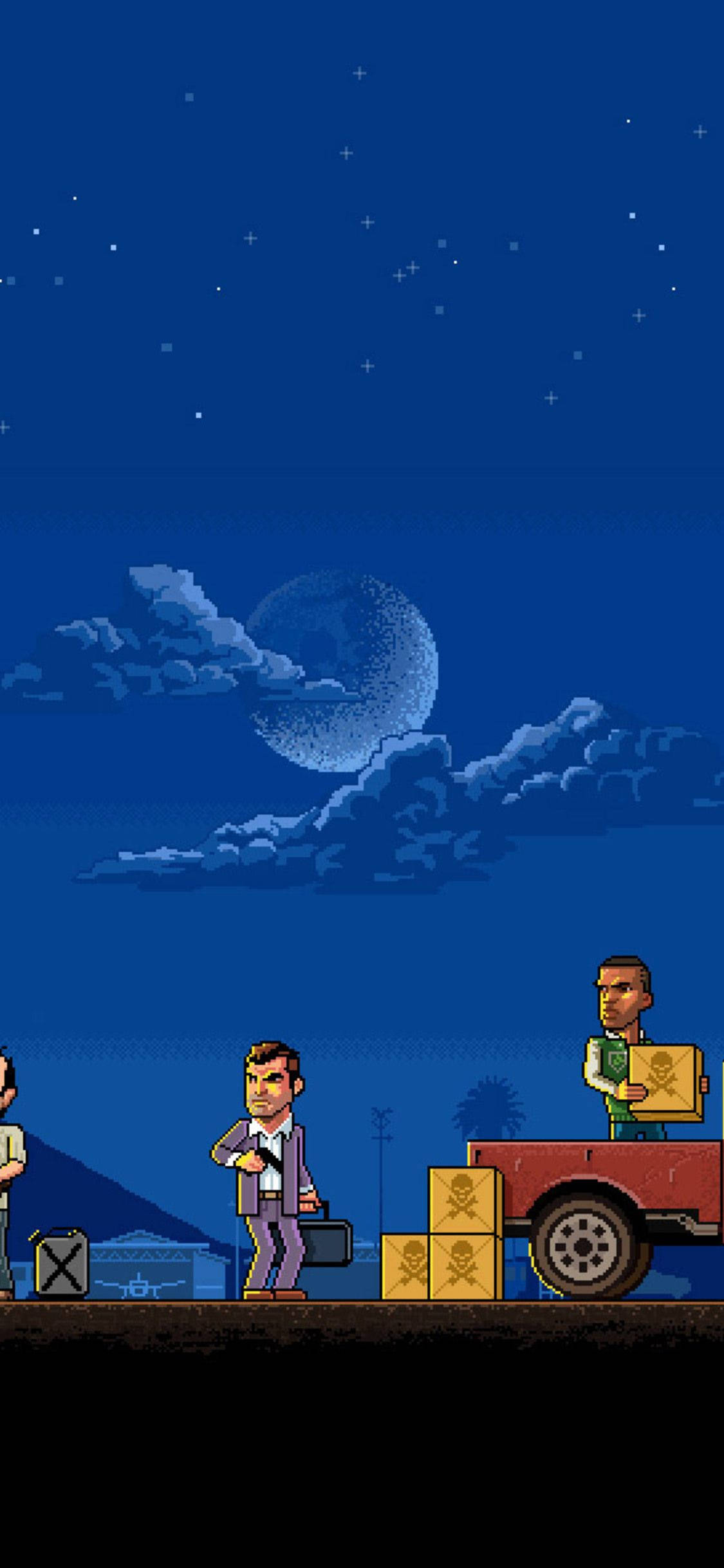GTA iPhone Pixel Art 壁紙 — 像素藝術搶劫團隊在星空下將板條箱裝載到棕櫚樹附近的紅色卡車上。