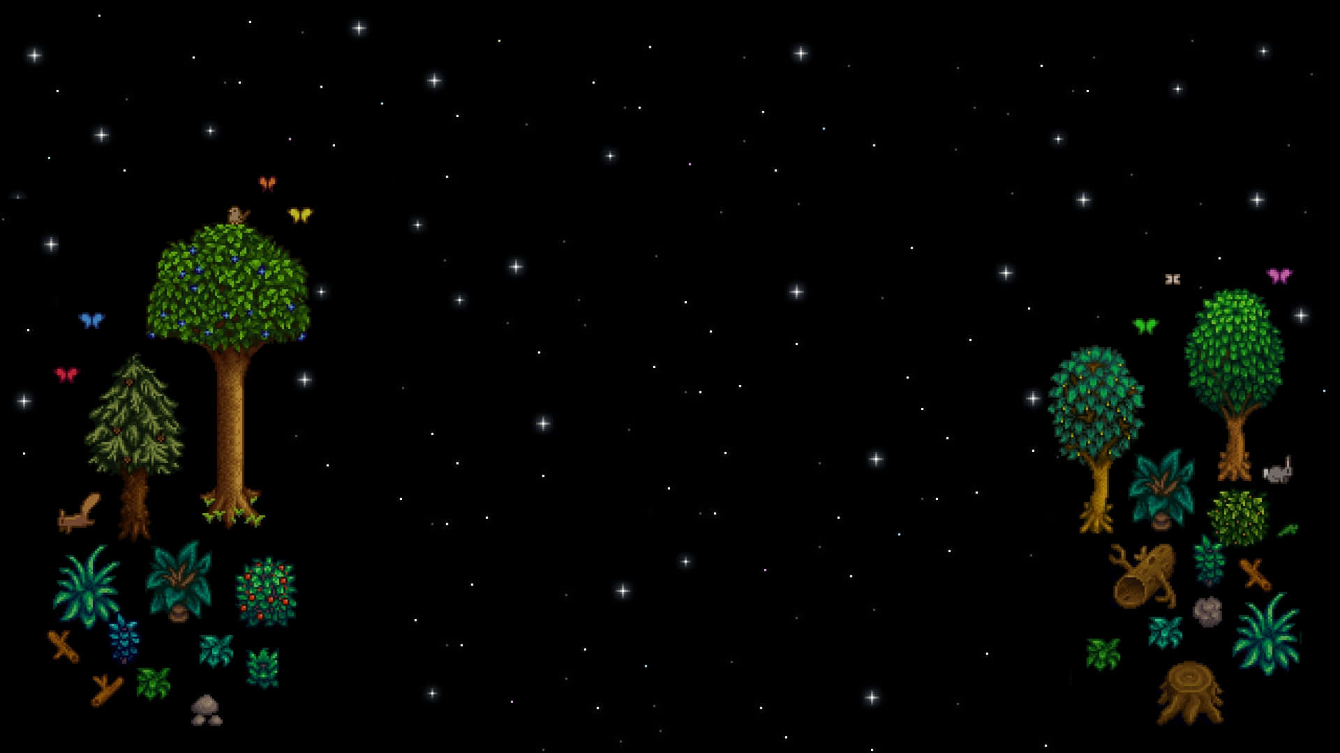 像素化森林，有樹木、蝴蝶和星星在夜空中。