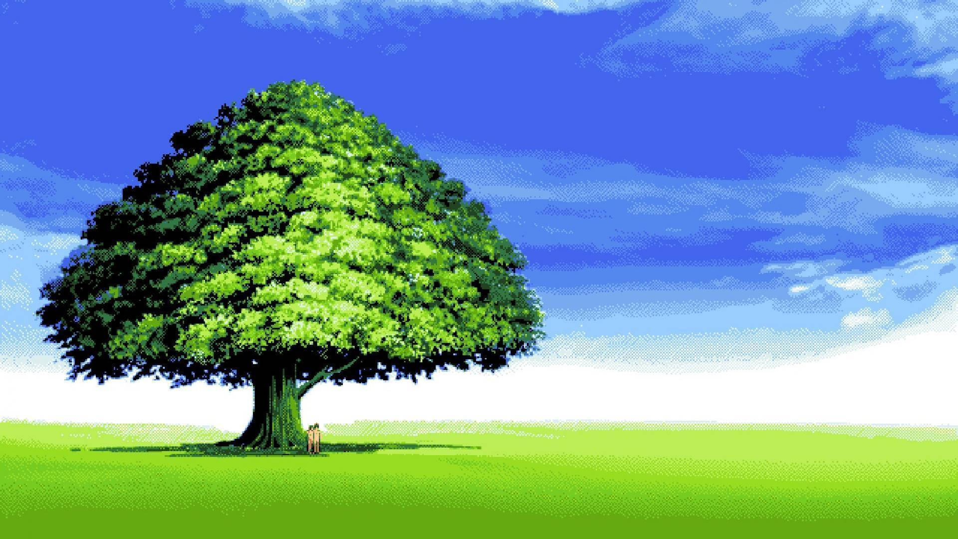 藍天白雲下田野中的一棵大綠樹。