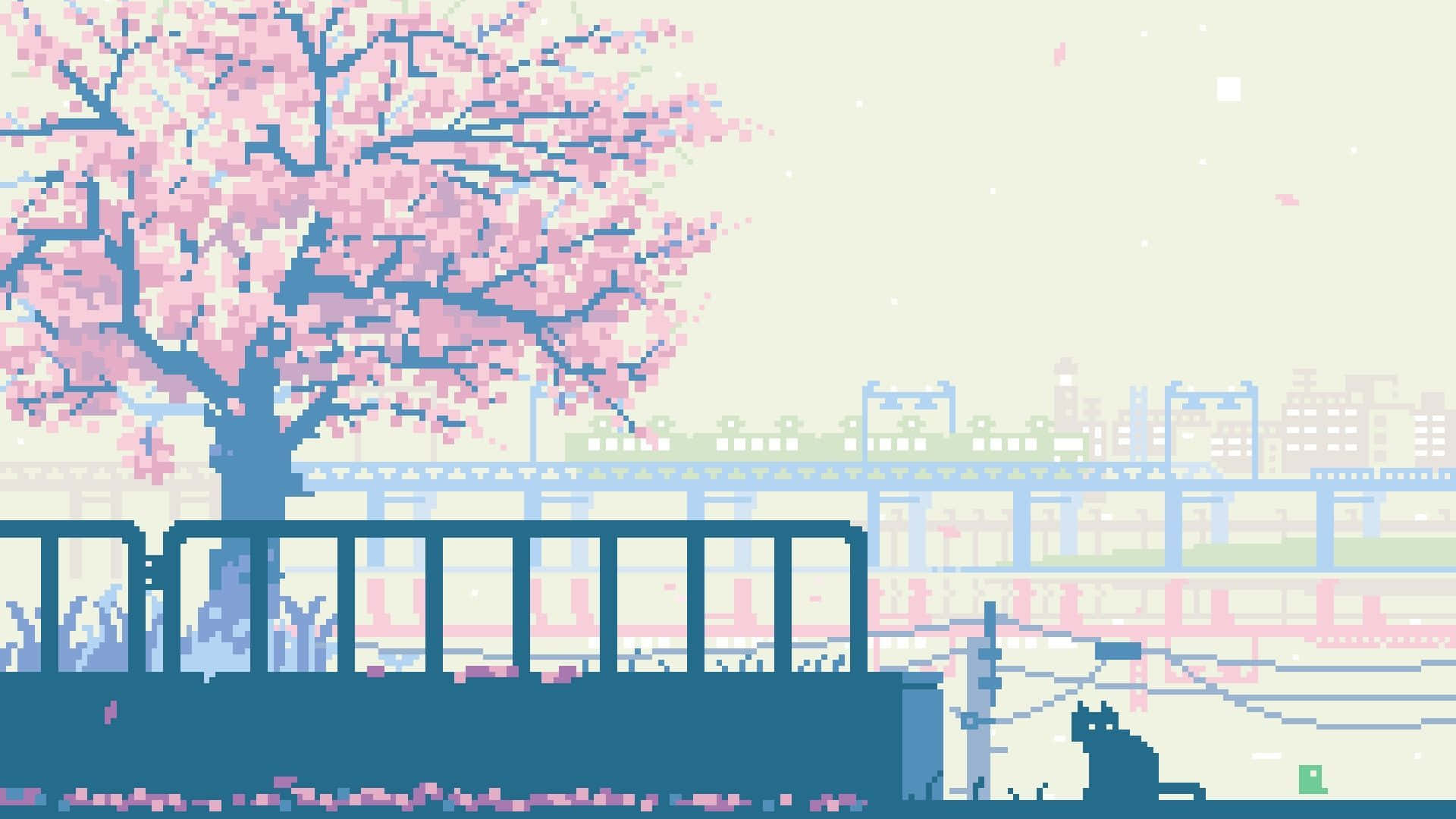 Aesthetic Anime City 桌布 壁紙 — 像素藝術櫻花樹在火車軌道旁盛開，一隻貓坐在柔和粉彩天空下。